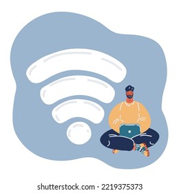 Cartoon vector illustration of man character sitting on wi-fi emblem and using laptop. Free internet, hotspot, network concept. Sending a message via chat.