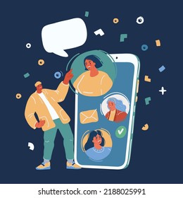 Cartoon vector illustration of man chat with people via big smartphone. Picture together over dark background
