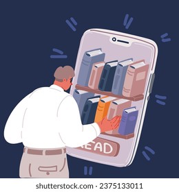 Cartoon vector illustration of Man chooses book in digital online library or bookstore in smartphone app. Distance education with modern technology in phone. Guy looks at screenover dark backround