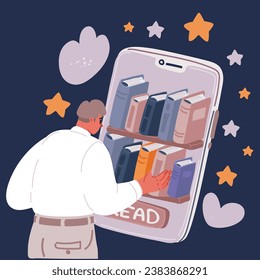 Cartoon vector illustration of Man chooses book in digital online library or bookstore in smartphone app. Distance education with modern technology in phone. Man looks at screen with virtual over dark