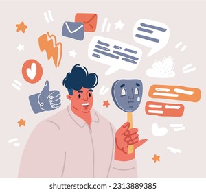 Cartoon vector illustration of man choosing a mask to express emotions. Various psychological problems. Changing the natural personality.
