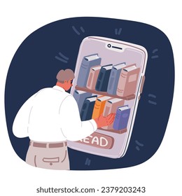 Cartoon vector illustration of Man choosing book in digital online library or bookstore in smartphone app. Distance education with modern technology in phone over dark backround