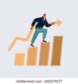 Dibujo vectorial de un hombre escalando una escalera, nivel. M metáfora del crecimiento aislada en un fondo blanco.