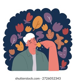 Ilustração vetorial de desenho animado de homem com xícara de café sobre fundo escuro.