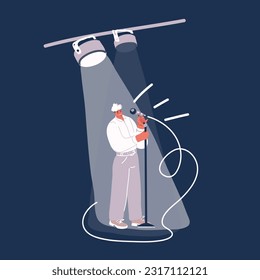 Cartoon vector illustration of Man comedian with microphone performing stand-up comedy. Comic with mic telling humor and fun stories at open mike standup show. Live performer over dark background