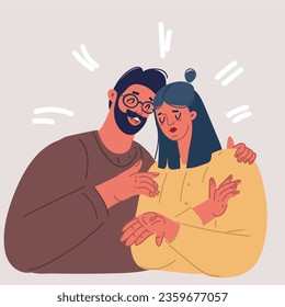 Cartoon vector illustration of man comforting her crying best friend. Husband consoling and care about sad, depressed wife. Help and support concept. Friendly family relationship.