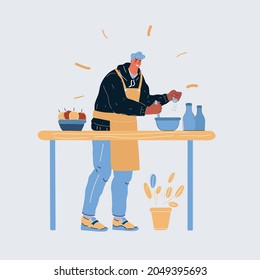 Cartoon vector illustration of Illustration of man cookin at his kitchen. Home life concept on white backround.