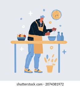 Cartoon vector illustration of man cooking vegetables in the kitchen. Stay-at-home dad concept on white backround.