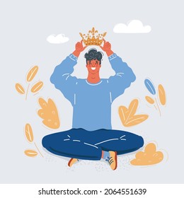 Cartoon vector illustration of man with the crown. Leader, best worker or employee. Megalomania concept.