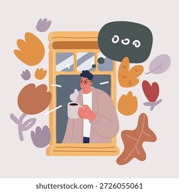 Ilustração do vetor do desenho animado do homem com a xícara da bebida quente perto da janela