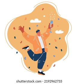Cartoon vector illustration of Man dancing with champagne. Happy young persons celebrate on corporate holiday. Party holiday.