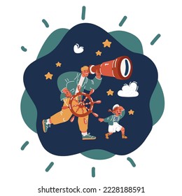 Cartoon vector illustration of man and daughter looking for something. Adventure and education concept. Father with ships steering wheel and spyglass over dark background