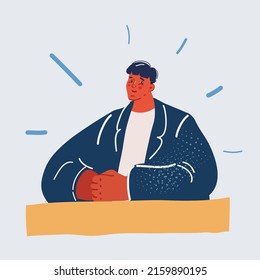 Cartoon vector illustration of man at desk. He s sitting and waiting now