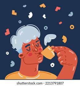Cartoon vector illustration of man drinking espresso over dark background
