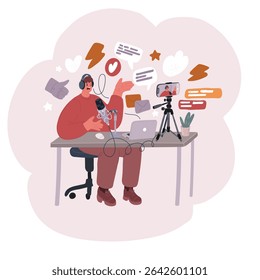 Cartoon vector illustration of man in Earphones smiling near microphone while sitting recording podcast
