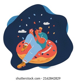 Cartoon vector illustration of man eat cake on big giant donut over dark backround.