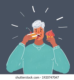 Cartoon vector illustration of Man Eating cakes on dark background.