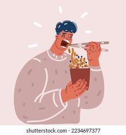 Cartoon vector illustration of man eating noodle. Chaina asian food concept.