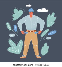 Cartoon vector illustration of man with empty pockets on dark background.