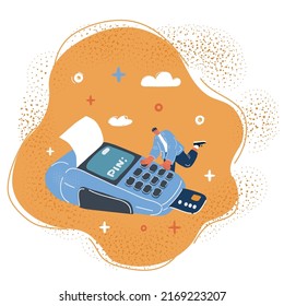 Cartoon vector illustration of Man enters a PIN code on big POS terminals buttons