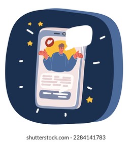 Cartoon vector illustration of man face online on smartphone display over dark background