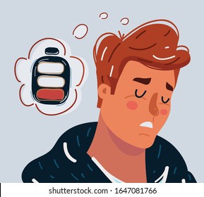 Cartoon vector illustration of man falling asleep. Tired people concept in sleeping, dozing, relaxing, take a break or lazy at working. Battery low metaphor.