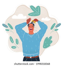 Cartoon vector illustration of man feeling his hair loss panic. Imprope care concept.