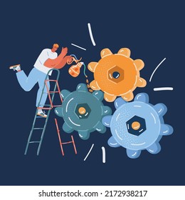 Cartoon vector illustration of man fixing gear over dark backround