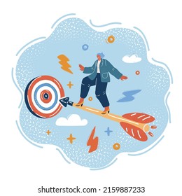 Cartoon vector illustration of man flies on arrow straight to the target