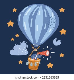 Cartoon vector illustration of Man flies on balloon. Be free without limits, look outside creative concept over dark background