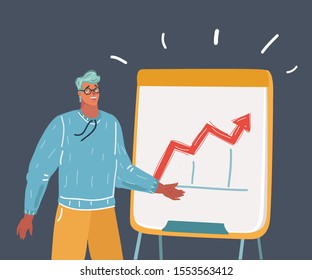 Cartoon vector illustration of man with a flip chart in a presentation. Human character on dark background.