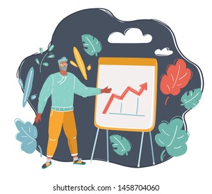 Cartoon, Vektorgrafik Mann auf dem Flipchart auf dunklem Hintergrund.