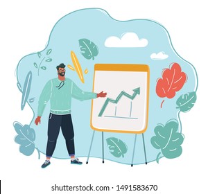 Cartoon vector illustration of man at the flipchart.