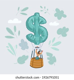 Cartoon vector illustration of man fly on hot air money ballon shape on white.