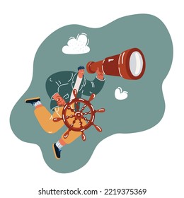 Cartoon vector illustration of man fly with ship rudder and spyglass