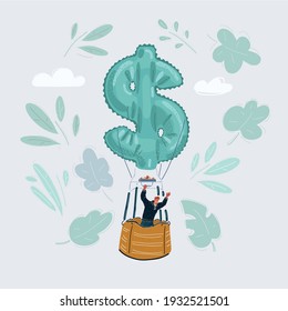 Cartoon vector illustration of man flying on dollar sign inflatable hot air balloon on white background.