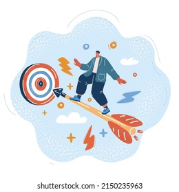 Cartoon vector illustration of man flying on arrow toward target