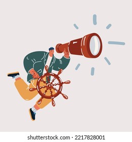 Cartoon vector illustration of man flying with Steering wheel looking throung spyglass