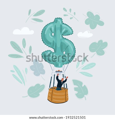 Cartoon vector illustration of man flying on dollar sign inflatable hot air balloon on white background.