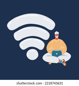 Cartoon vector illustration of man in free internet zone working on laptops sitting on a big wifi sign. Free wifi hotspot, wifi bar, public assess zone, portable device concept over dark backround