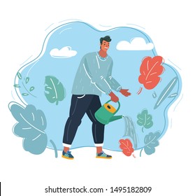 Cartoon vector illustration of Man in garden with can man watering a plant. Blue background.