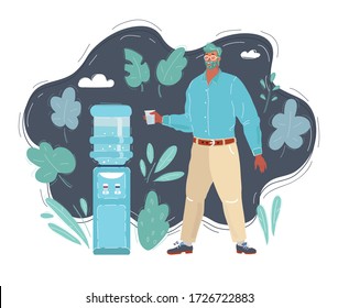 Cartoon vector illustration of man getting a cold, refreshing drink from the office water cooler on dark.