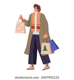 Cartoon vector illustration of man with gifts for new year. Flat clipart for men buying presents for christmas eve. Character with bag for xmas holiday. Person going from shop or store. People theme