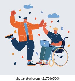 Cartoon vector illustration of man give high five to his wheelchair friend