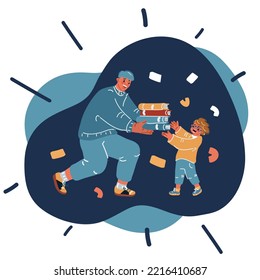 Cartoon vector illustration of Man giving stook of book to boy over dark background