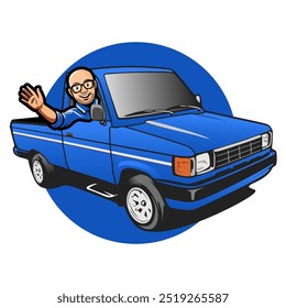 Cartoon vector illustration of a man in glasses waving from inside a blue pick-up car. This illustration is suitable for use in various design projects, including promotional media