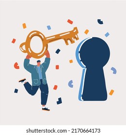 Ilustración vectorial de caricatura del hombre ir con la llave al agujero de cerradura