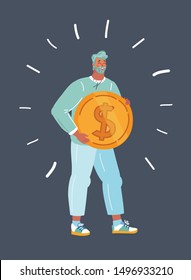 Cartoon vector illustration of man with gold coin in his hands. Human character on dark background.