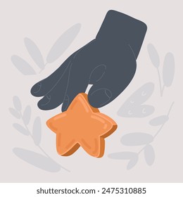 Cartoon vector illustration of Man hand holds golden star. Rating signs, users or customers feedback concept.