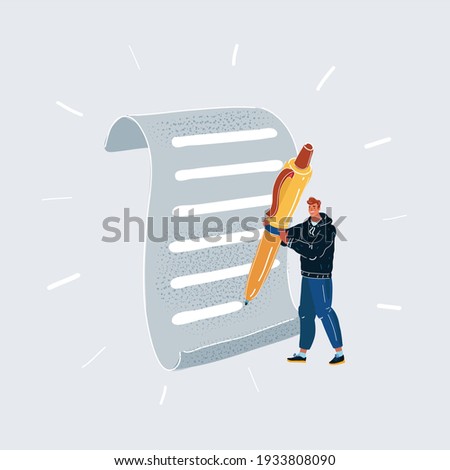 Cartoon vector illustration of man hand signing contract. Big pan and tiny character on white background.